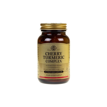 Solgar Cherry Turmeric Complex, a food supplement in a brown glass bottle with 60 vegetable capsules, features a turmeric complex with antioxidant properties and is suitable for vegans.